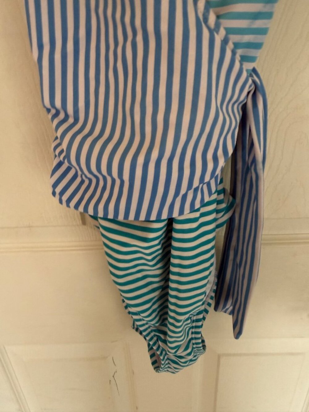 Bleu Rob Beattie One Piece Swimsuit Blue Green Teal Stripped Wrap Flattering 10 - Picture 3 of 8